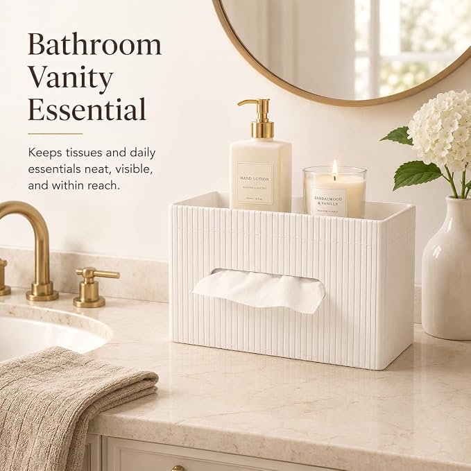 Ribbed PU Leather Tissue Box Cover with Storage Tray, Rectangular Facial Tissue Holder for Bathroom Vanity, Nightstand & Office Desk, Modern Decorative Tissue Dispenser (Ivory White)