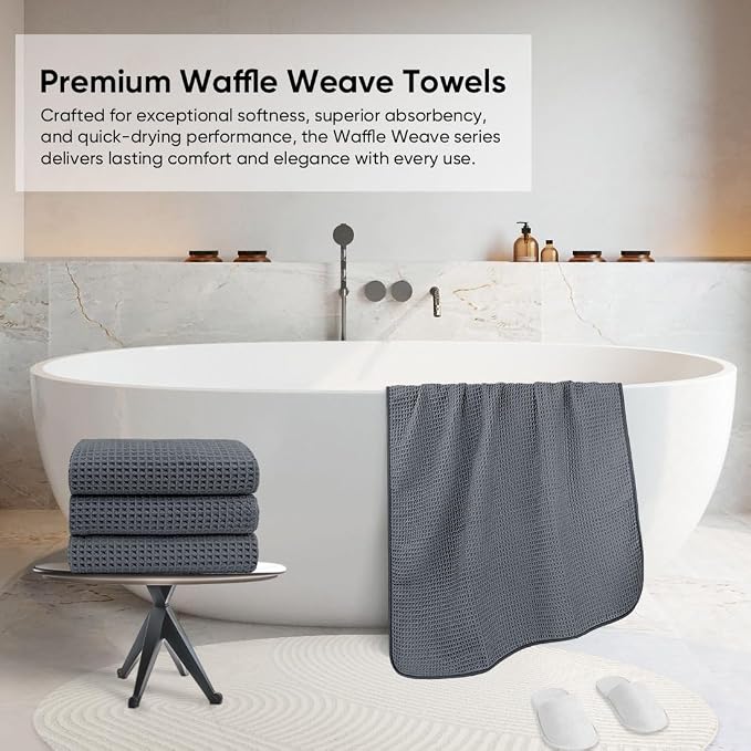 HOMEXCEL Waffle Bath Towels Set of 4 Pack, Waffle Towels for Bathroom, Grey | 400GSM Microfiber Waffle Bathroom Towel Set, Ultra Soft, Highly Absorbent, Quick Dry Towel for Gym, Shower, Spa, 30 x 60 Inch