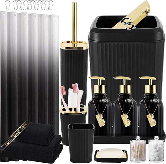 32PCS Black Bathroom Accessories Bathroom Set,Black Shower Curtain, Bath Towel Set,Hand Towel,Toilet Brush,Trash Can & 3PCS Soap Dispensera