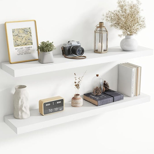48 Inch Floating shelves for Wall, 8 Inch Deep, Invisible Brackets, White | Rustic Wall Mounted Shelf, Storage & Display, Wooden Shelves for Living Room, Kitchen, Bathroom and Home Decor, Set of 2