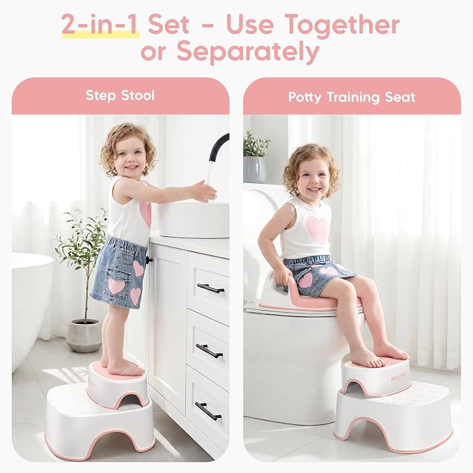 Maliton Potty Training Seat 2-in-1 with Step Stool & Anti-Slip Pink | ﻿ Potty Seat + Separate Step Stool, Adjustable Fits More Toilets, Anti-Slip, Sturdy, Splash Guard, Easy clean，Boys & Girls.