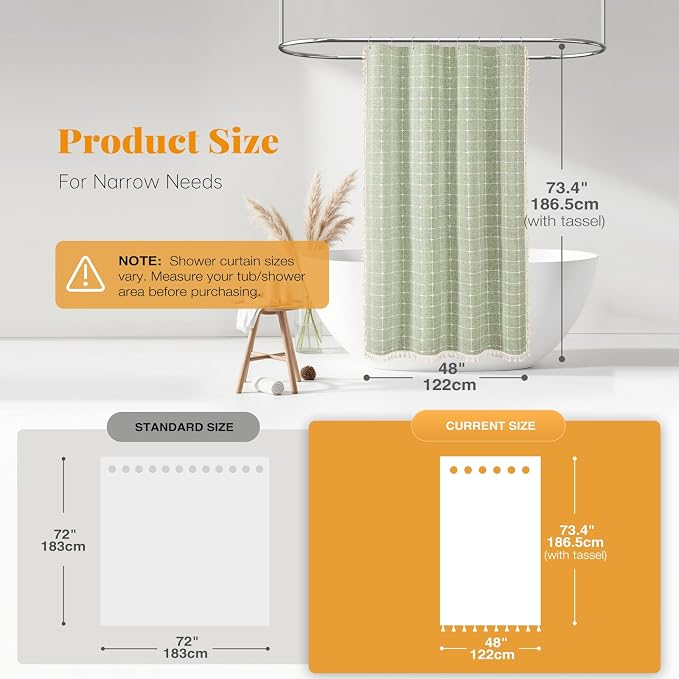 48x72 Boho Farmhouse Linen Heavy Duty Shower Curtain Set, Sage Green | Stall Size, 330GSM Linen Blend, 3-side Tassels, Water Repellent Fabric, 8 Plastic Hooks, Rustic Bohemian, Machine Washable