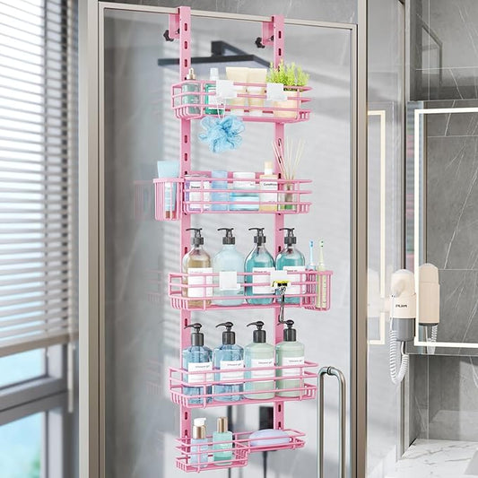 Consumest Over The Door Shower Caddy - 5 Tier Adjustable Shower Organizer Hanging with 2 Toothbrush Holders & 4 Hooks, Rustproof Organizer Shelf, Storage Rack for Bathroom, Pink