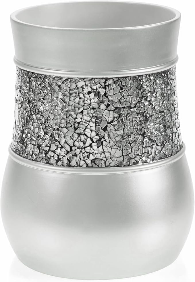 Creative Scents Crackled Glass 6 Pc. Silver Resin Bathroom Accessories Set | Includes Trash can, Tissue Box Cover, Soap Dispenser, Toothbrush Holder, Tumbler Cup & Soap Dish