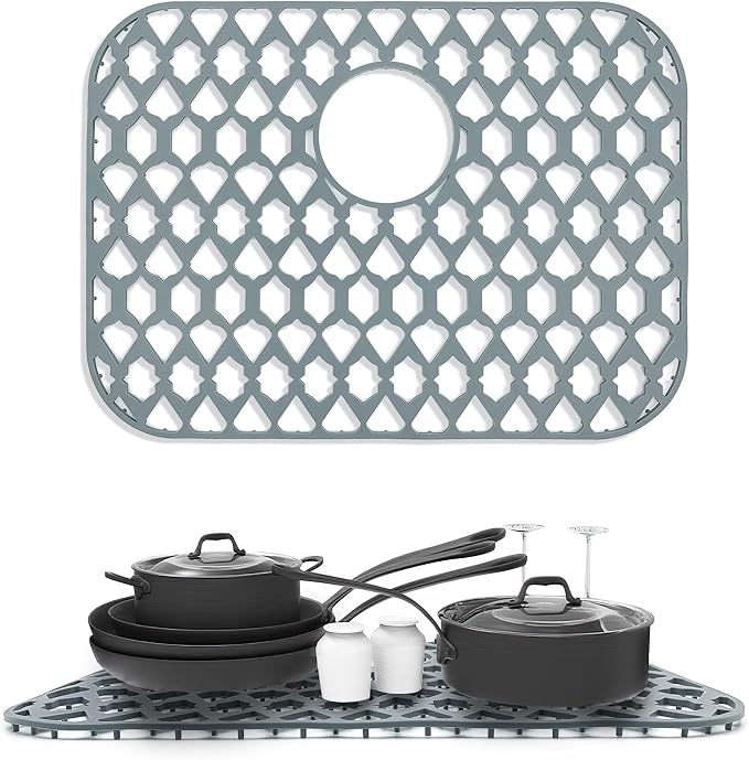 Silicone Sink Protector for Multi-Size Kitchen Sink(19"x14", Rear Drain) | Flexible and durable, heat-resistant, machine washable, non-slip, gray grid.