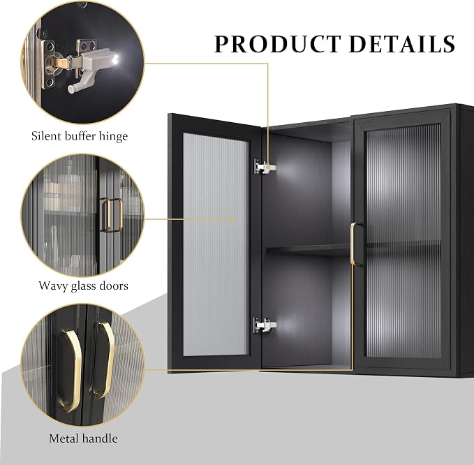 FIMELLO 24’’ Bathroom Wall Cabinet, Laundry Room Cabinets Storage, Kitchen Cabinets with Adjustable Shelf Acrylic Glass Doors, Medicine Cabinets for Bathroom, Black Bathroom Cabinet
