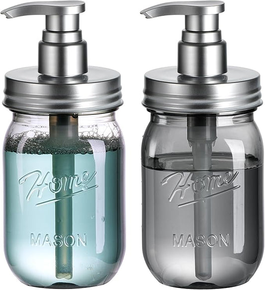 Amolliar Plastic Mason Jar Soap Dispenser with Pump Lid 16OZ -2 Pack Silver | Refillable BPA-Free Hand Soap Dispenser Set with Cute Lables, Farmhouse Decor for Kitchen Bathroom Liquid Dish Soap Lotion