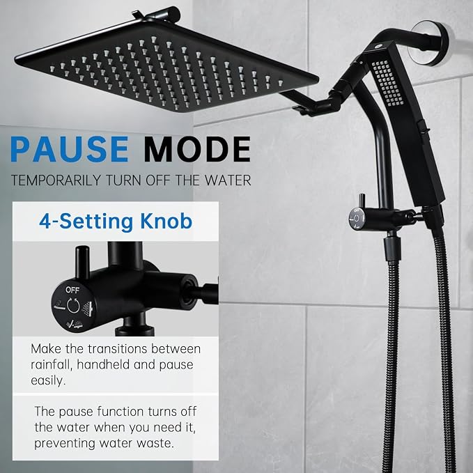 G-Promise 10 Inch All Metal Rain Shower Head with Handheld (Matte Black) | Full Body Coverage, Pause Mode Diverter, Power Wash Mode Handheld, Suits Every Height, Easy to Install, Modern Bath Upgrade