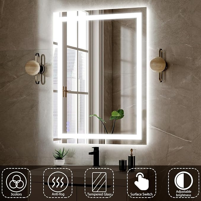 Large Bathroom Mirror with Lights 40"x60" 3 Color Adjustable Modes | LED Bathroom Vanity Mirror, Anti-Fog, Memory Function, Tempered Glass, Wall Mounted Horizontally Vertically