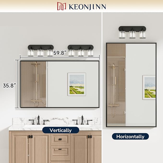 Keonjinn 60 x 36 Inch Black Oversize Bathroom Mirrors for Over Sink | Metal Frame, Rectangular Mirror for Wall, Safety Tempered Glass, Square Corner, Ideal for Corridor or Living Room