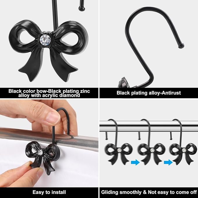 Bow Shower Curtain Hooks, 12-Pack Black Metal Decorative Bow Knot Rings | Rust-resistant metal rings with black bow knot accents add decorative charm to bathrooms, guest baths