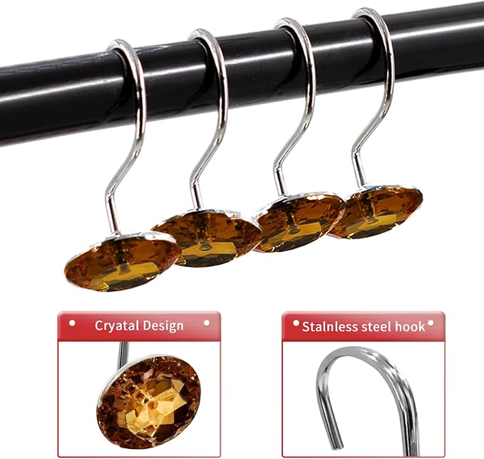 Crystal Diamond Round Shower Curtain Hooks Rings for Bathroom,Brown,12PCS | Acrylic Decorative Rhinestones Bling Shower Hooks Rings,for Bathroom Curtains Rod,Gem Metal Rust Proof Shower Hangers