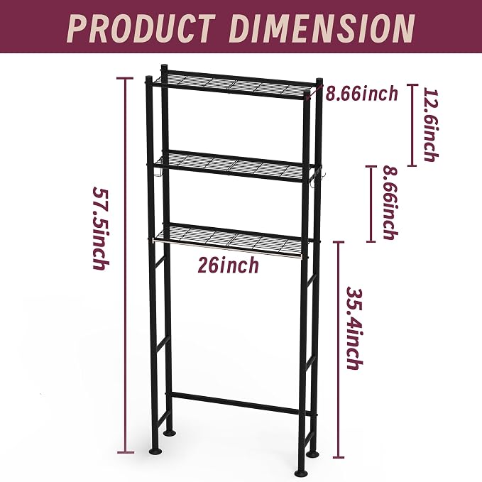 3-Tier Over The Toilet Storage Cabinet with Paper Holder and 4 Hooks, Metal Over Toilet Bathroom Organizer and Storage Shelf, Bathroom Shelves for Living Room/Laundry/Balcony(Black)