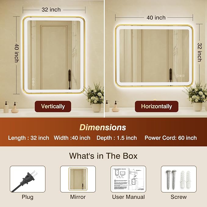 32x40 Inch LED Bathroom Mirror with Gold Frame,Front and Backlit Vanity Mirror,Tempered Glass,Stepless Dimmable Wall Mirrors with Anti-Fog, 3 Colors, Memory, Waterproof, LED Smart Bathroom Mirror