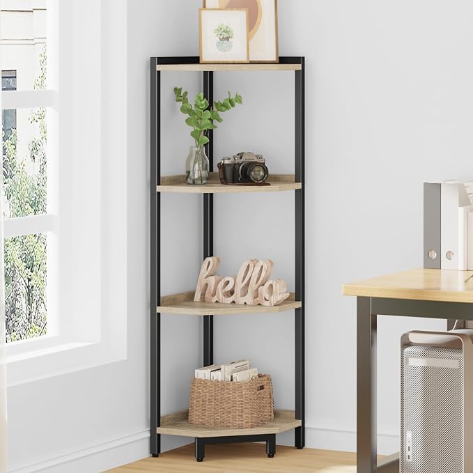Hzuaneri Corner Shelf Stand 4-Tier Corner Bookshelf Storage Standing Shelf | Bookcase Plant Stand with Metal Frame for Living Room, Home Office, Bedroom, Greige CS05805B