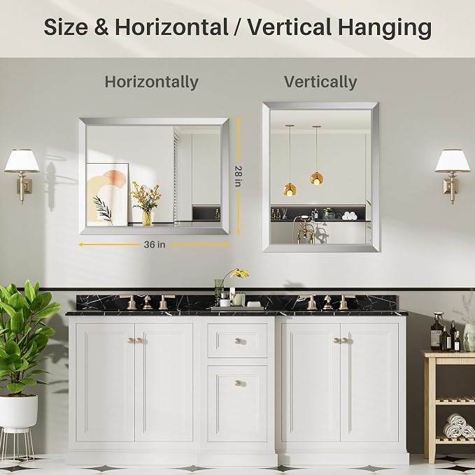 28x36 Inch Brushed Silver Bathroom Mirror for Wall, Thick Metal Framed Rectangle Mirrors for Over Sink, Bedroom, Living Room, Entryway, Anti-Rust, HD Tempered Glass