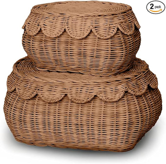 BEBE BASK The Original Scalloped Basket with Lid - Set of 2 (15x11x6 In) | Handwoven & Award Winner, Sustainable Rattan, Wicker Basket With Scalloped Edge Lid, Nursery Storage, Scallop Basket, Mocca