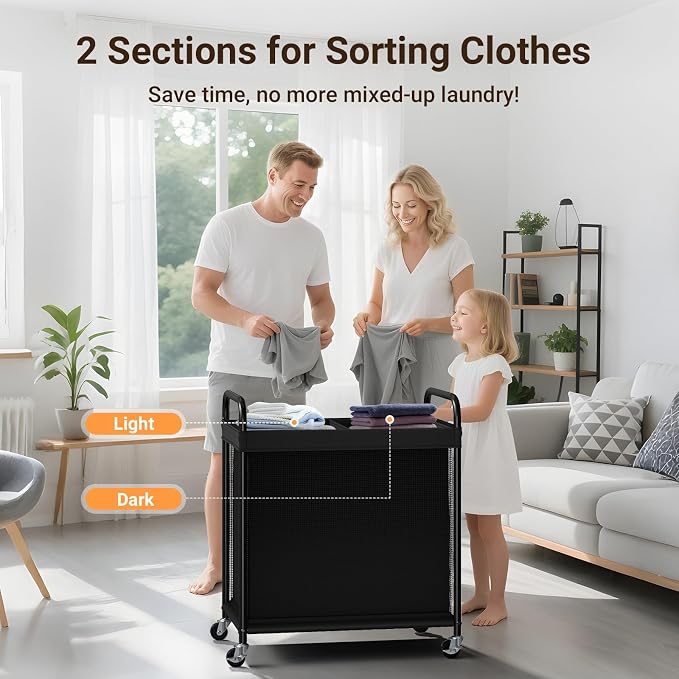 ELYKEN Laundry Hamper 2 Section, 100L Rolling Laundry Sorter with Wheels | Removable Washable Liner Bags, Sturdy Steel Frame and Metal Handle, Double Compartment Clothes Organizer for Laundry Sorting