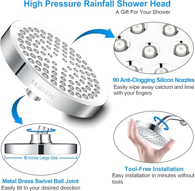 6" Rain Shower Head & 6" Shower Arm, Luxury Polished Chrome Finish | High Pressure 6 Inch Fixed Showerhead, Adjustable Replacement, 90 Nozzles, Removable Restrictor, Tool-Free Easy to Install