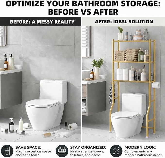 GloTika 3-Tier Over Toilet Storage, Anti-Tilt, 64" H, Gold | Anti-Tilt Safety System, 150lb Capacity, Carbon Steel, Freestanding, No Drilling, Anti-Rust Coating, Paper Holder & 4 Hooks