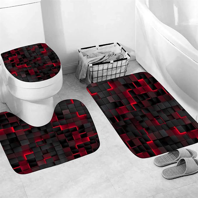 LQCOOL 4Pcs Shower Curtain Set with Rugs, Modern Bathroom Set Black Red | Waterproof Polyester & Soft Flannel.12 Hooks,Toilet Lid Cover & U-Shaped Mat for Modern Bathrooms/Families