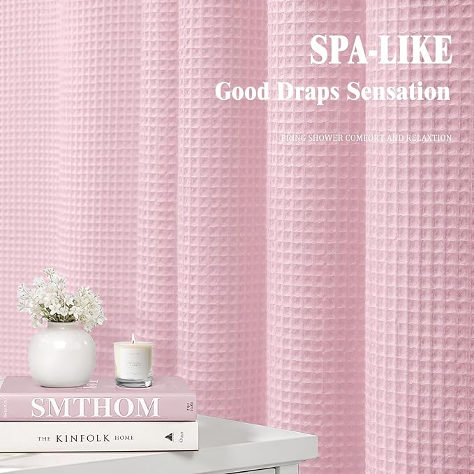 Waffle Weave Shower Curtain Heavyweight Cotton Fabric Light Pink 72Wx72L | Soft Cotton Cloth,3D Square Truely Waffle Washable, Hotel Luxury Spa, Shower Curtain Set for Bathroom 12 Plastic Hooks