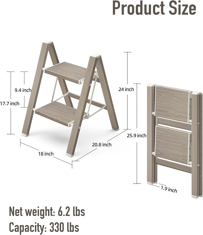 Mayi Plus 2 Step Stool Foldable, Aluminum, Lightweight Step Ladder | Extra-wide anti-slip folding steps with 330 lbs, for home,kitchen,office,outdoor,Fir woodgrain
