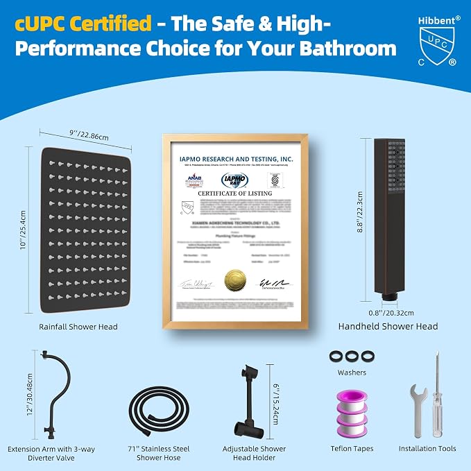 Hibbent All Metal cUPC Certified Shower Head, 10'' High Pressure Rainfall Showerhead Combo, Handheld Shower Wand, 12'' Adjustable Extension Arm, 4-Spray, 71'' Hose, Shower Holder, Oil Rubbed Bronze