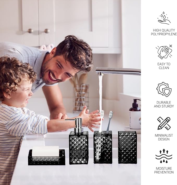 Bathroom Accessory Set, Grid Pattern 4 Pcs Plastic Bathroom Set, Black | Include Soap Dispenser, Soap Dish, Toothbrush Holder, Mouthwash Cup, Modern Bathroom Decor Set