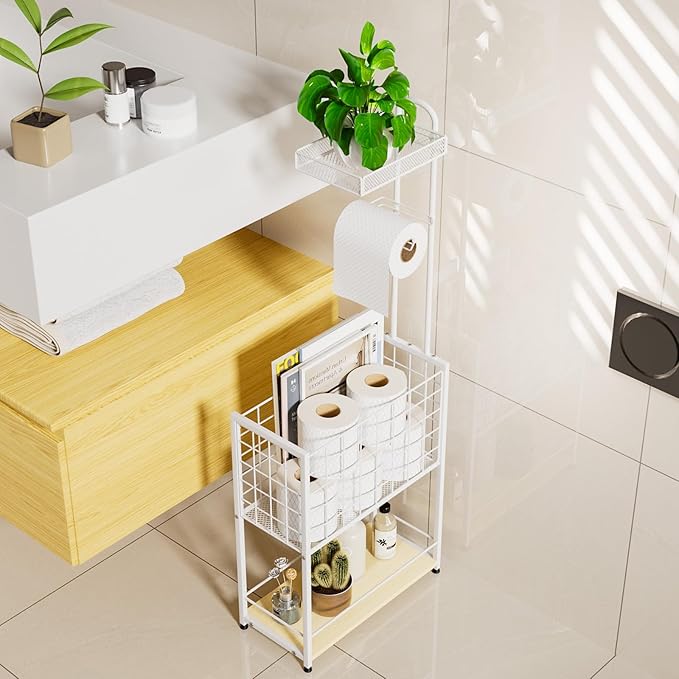 SWTYMIKI Freestanding Toilet Paper Holder - 4-Tier Free Standing Toilet Paper Holder Stand with Shelf, Bathroom Storage Rack for Extra Rolls, Magazines, Wet Wipes, Bathroom Essentials, White