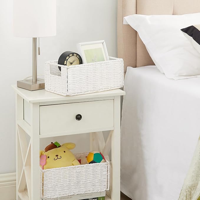 Wicker Storage Basket, Set of 2 Hand-Woven Paper Rope Wicker Basket, Small Storage Baskets for Organizing Toilet Paper Basket, Foldable Large Cube Storage Organizer Bins for Shelves (White)