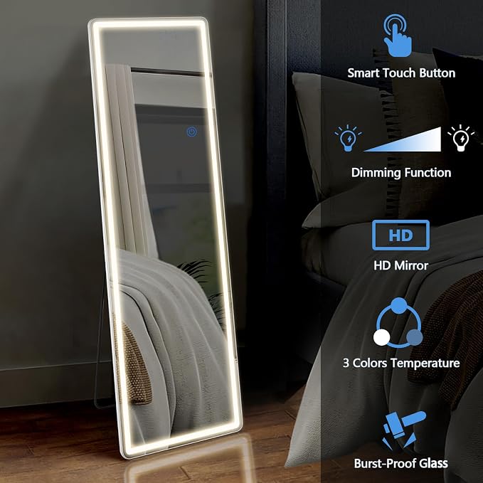 DUMOS 21"x 64" LED Full Length Mirror with Lights, Lighted Floor Full Body Mirrors with 3 Color Lighting, Wall Mounted Stand Mirror for Bedroom, Dressing Room, Living Room, Bathroom