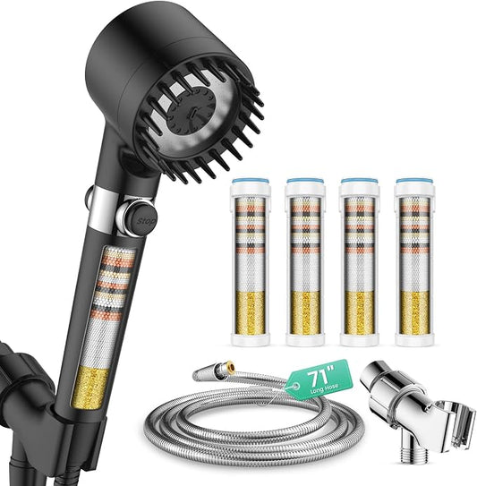 Filtered Shower Head with Handheld 4PCS Filters ShowerHead | 4 Spray, High Pressure Shower Heads with ON/OFF Button, Water Softener for Hard Water, 70" Hose, Remove Chlorine