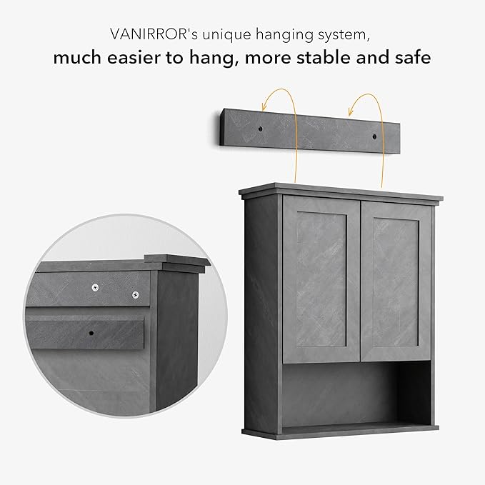 VANIRROR Bathroom Wall Cabinet Over Toilet Storage Cabinets 25x30 inchs | Above Toilet Wood Medicine Cabinets for Kitchen Wall Mounted Cabinet with 2 Door & Adjustable Shelf Texture Grey