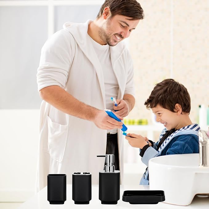 Bathroom Accessory Set 6 Piece Bathroom Accessories Set with Toothbrush Holder&Cup,Soap Dispenser& Dish,Toilet Brush Holder,Trash Can Plastic Gift Set for Bathroom Decorative Countertop (Black