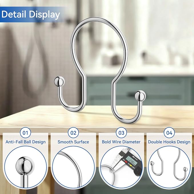 OEH Shower Curtain Hooks, 12 Pcs Minimalist Shower Curtain Rings, Metal Shower Curtain Hangers, Double Hook Silver Shower Curtain Hooks Rust Proof, Smooth Glide Shower Hooks for Shower Curtain, Chrome