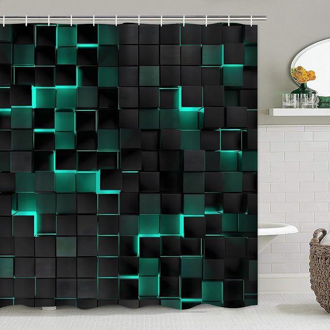 LQCOOL 4Pcs Green Shower Curtain Set 3D Cubes Bathroom Sets Modern Shower Curtain Set for Bathroom Sets with Rugs Black and Green Shower Curtain with 12 Hooks