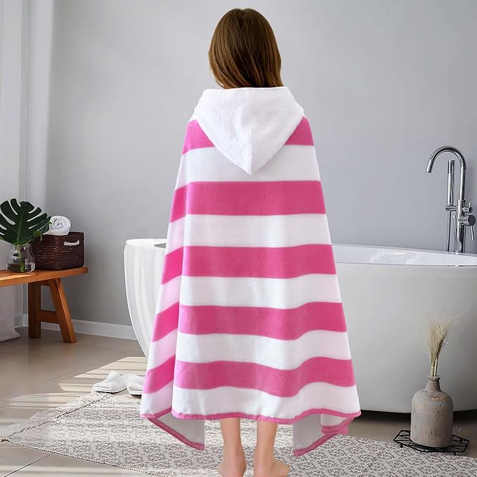VOOVA & MOVAS Big Kids Hooded Towel, 8+, 100% Cotton, Hot Pink White Stripe | Bright Stripe Pattern, Soft, Absorbent & Fast Drying, Perfect for Beach and Pool Parties