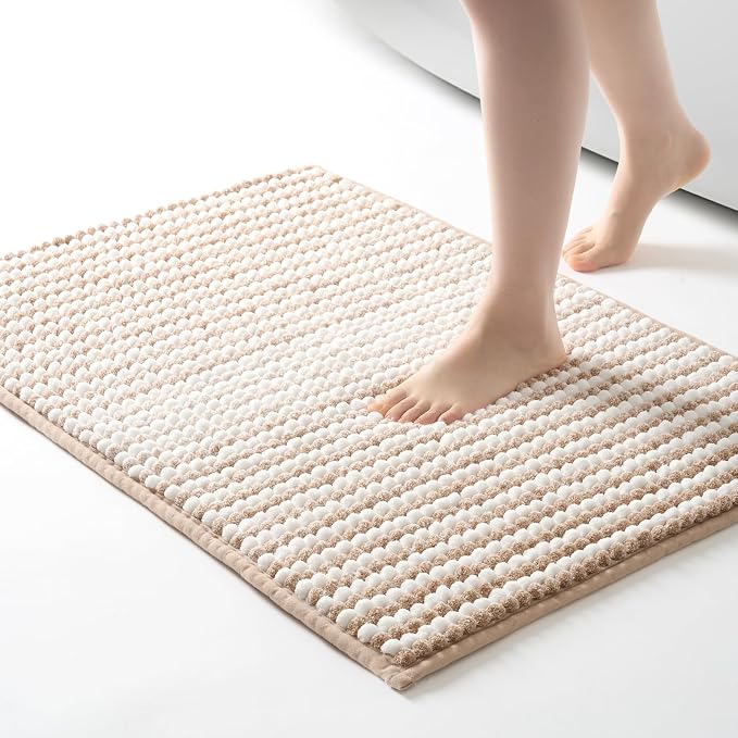 FRESHMINT Chunky Ombre Chenille Bathroom Rug, Beige & White, 24"x36" | Water Absorbent, Soft Bath Rugs for Bathroom Floor, Thick Non Slip, Washable Quick Dry