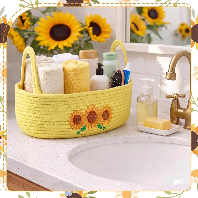 Vesici Sunflower Basket Yellow Woven Cotton Rope Bathroom Organizer | Boho Decor for Toilet Tank Top, Nursery Toys, Bedroom Countertop, Woven Organizer with Handles, 13x6x4 Inch