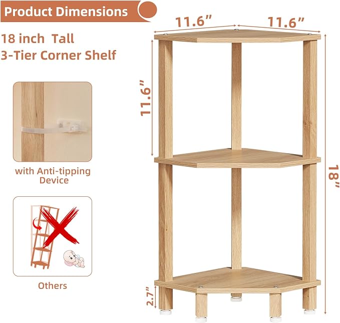 YUFAM 3-Tier Corner Shelf, Natural | Wooden Small Corner Table with Sturdy 5-Leg Base, Wooden Corner Bookshelf for Adjustable Base for Bathroom