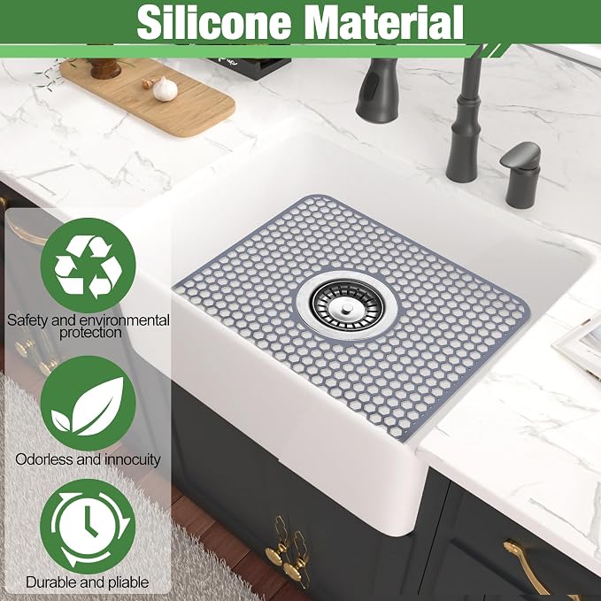 Sink Protectors Mat - 13.58"x11.6" Kitchen Sink Pad for Bottom of Basin for Protection of Stainless Steel and Tableware, Farmhouse Rubber Basin Mat Protector with Center Drain - Light Gray