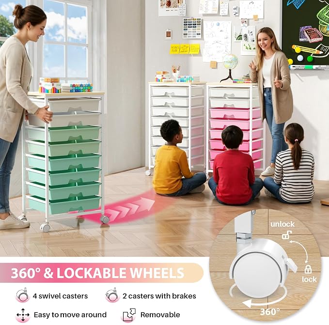 Goovilla Rolling Cart with 8 Drawers for Art, Dorm, Office, Craft, Pink | Utility Cart Organizer With 8 Removable Drawers and Wooden Tabletop, Lockable Rolling Storage Organizer for Classroom, Home