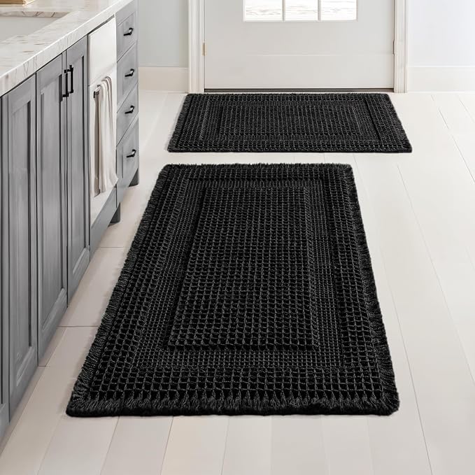 MIULEE Set of 2 Waffle Bathroom Rugs Black Boho Bath Mat 17x24+18x30 in | Looped Design, Super Absorbent, Non Slip, Washable, Ultra Soft, Rubber Backed, Bathroom Mats for Floor Tub Shower
