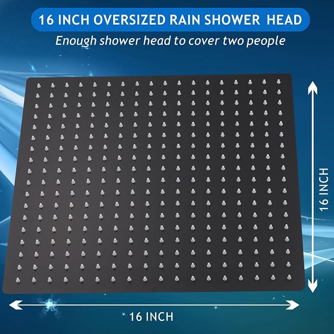 Voolan Oversize Rain Shower Head - High Flow Square Rainfall Showerhead - Waterfall Full Body Coverage - Universal Ceiling or Wall Mount (16 Inch, Matte Black)