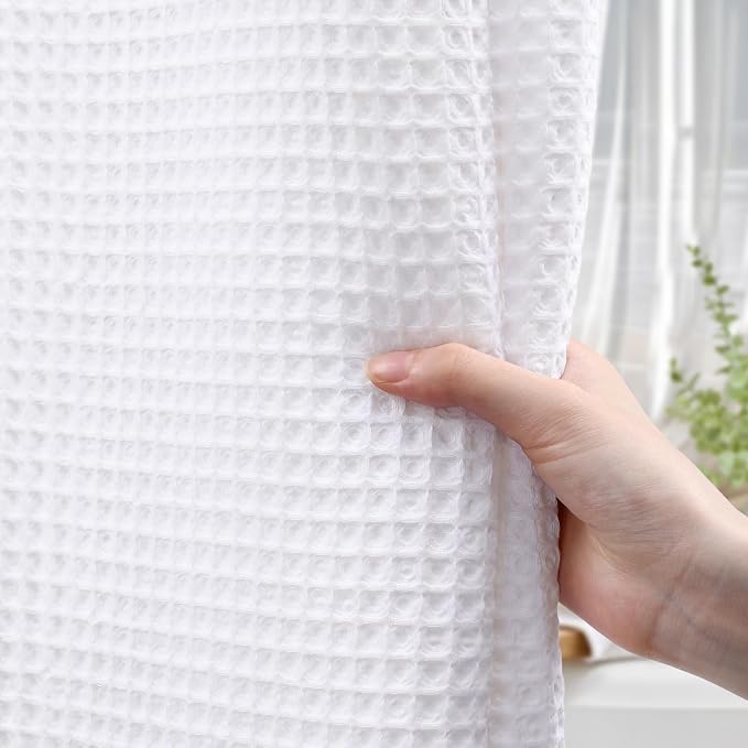 Waterproof Waffle Shower Curtain Heavyweight Cotton Fabric White 72Wx72L | Soft Cotton Cloth,3D Square Truely Waffle,Waterproof,Washable, Hotel Luxury Spa, Shower Curtain for Bathroom 12 Plastic Hooks