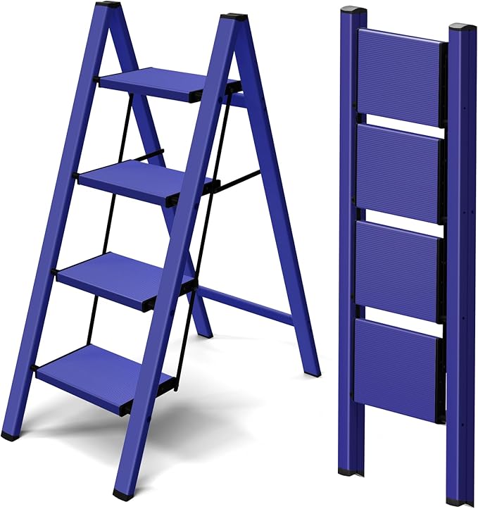 Taranta 4 Step Stool Foldable,Aluminum Step Ladder-Blue | Lightweight,Wide Anti-Slip Pedals,Folding Step Stool,330lbs Capacity Stepladder for Household,Kitchen,Office