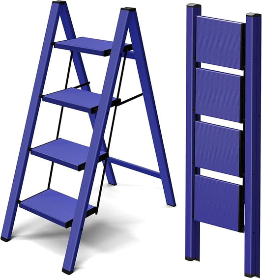 Taranta 4 Step Stool Foldable,Aluminum Step Ladder-Blue | Lightweight,Wide Anti-Slip Pedals,Folding Step Stool,330lbs Capacity Stepladder for Household,Kitchen,Office