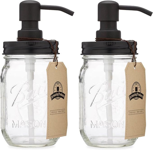 Mason Jar Soap Dispenser - Black - with 16 Ounce Ball Mason Jar - Made from Rust Proof Stainless Steel - Two Pack