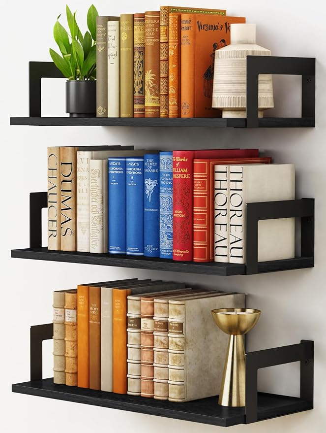 Harwaya Wall Mounted Bookshelf, Floating Bookshelves for Bedroom, 17 Inches Long Wall Mount Book Shelves for Living Room Office Books, Black Wall Book Holder Bookcase (Set of 3)